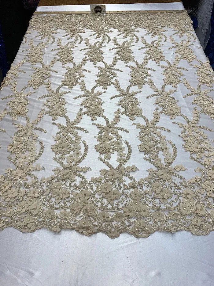 3D Beaded Flowers Bridal Embroidery Mesh Lace Fabric By The Yard