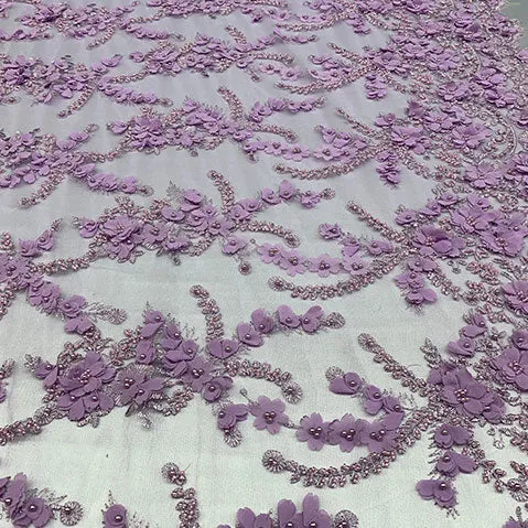 3D Beaded Flowers Bridal Embroidery Mesh Lace Fabric By The Yard