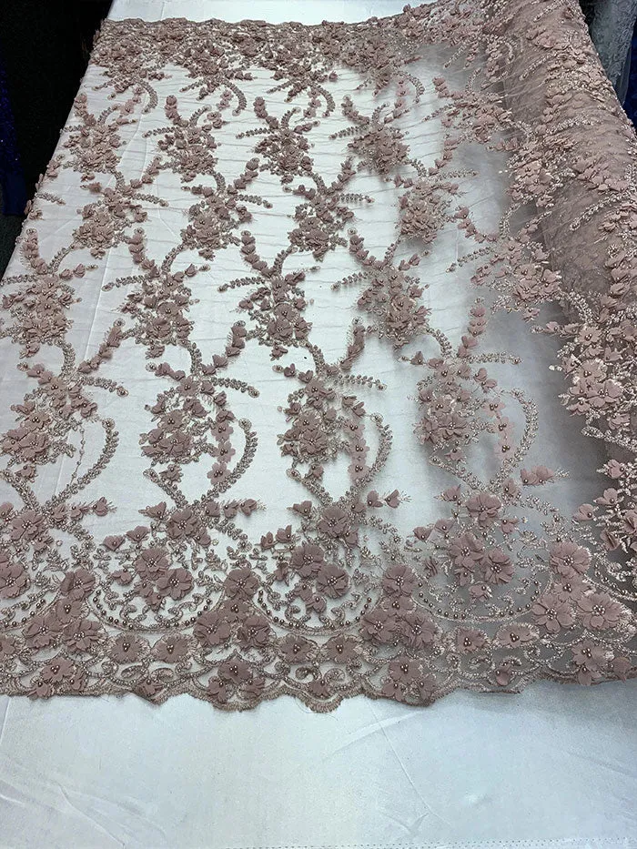 3D Beaded Flowers Bridal Embroidery Mesh Lace Fabric By The Yard