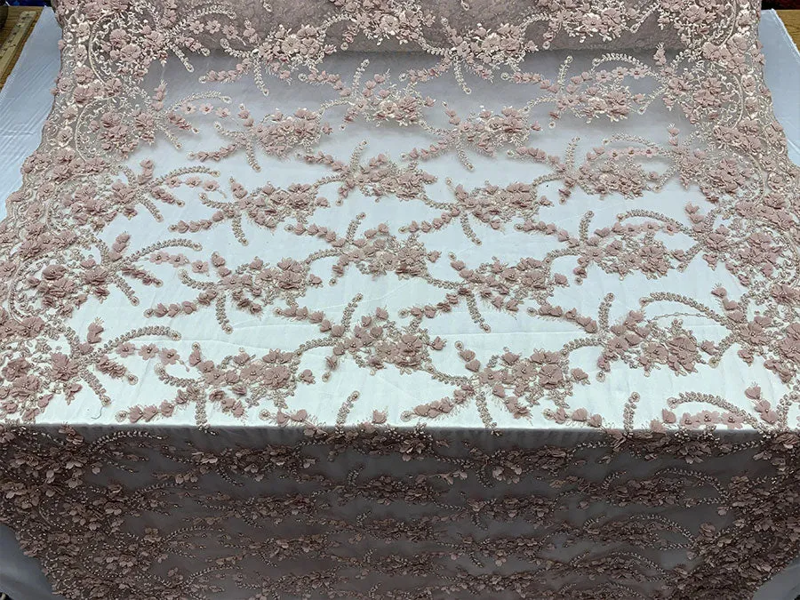 3D Beaded Flowers Bridal Embroidery Mesh Lace Fabric By The Yard