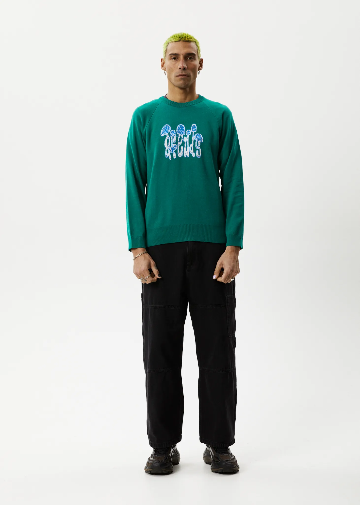 AFENDS Mens Psychedelic - Raglan Knitted Crew Neck Jumper - Emerald