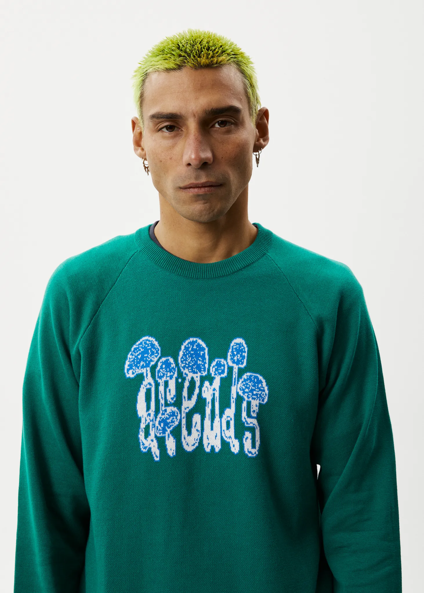 AFENDS Mens Psychedelic - Raglan Knitted Crew Neck Jumper - Emerald