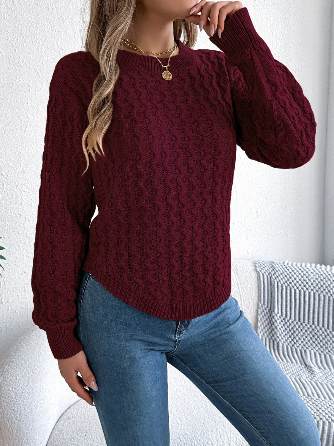 Asymmetric Hem Round Neck Long Sleeve Sweater