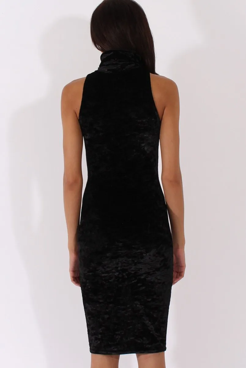 Black Crushed Velvet Front Split Turtleneck Dress - Erin