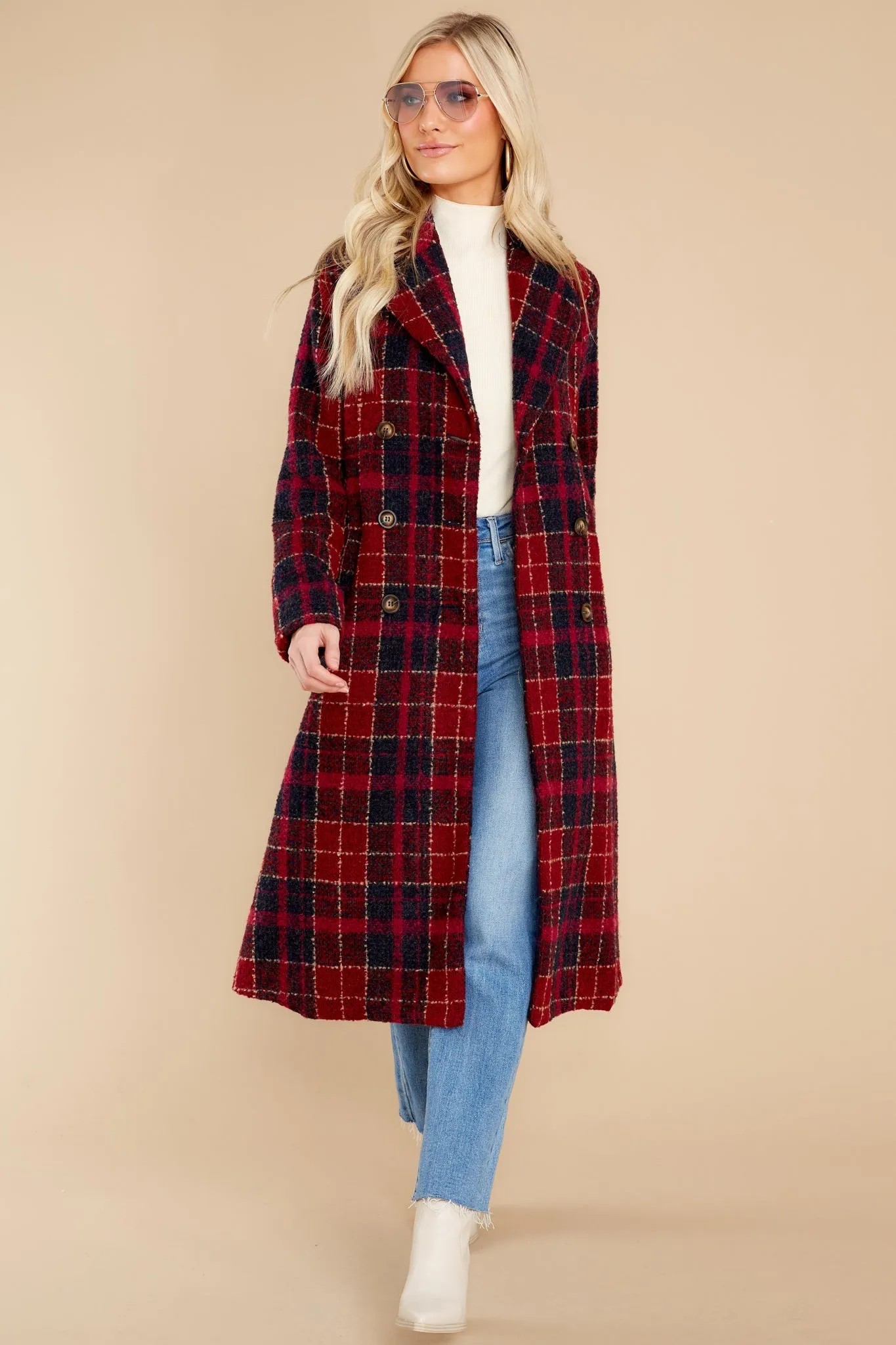 Brave The Chill Burgundy Plaid Coat