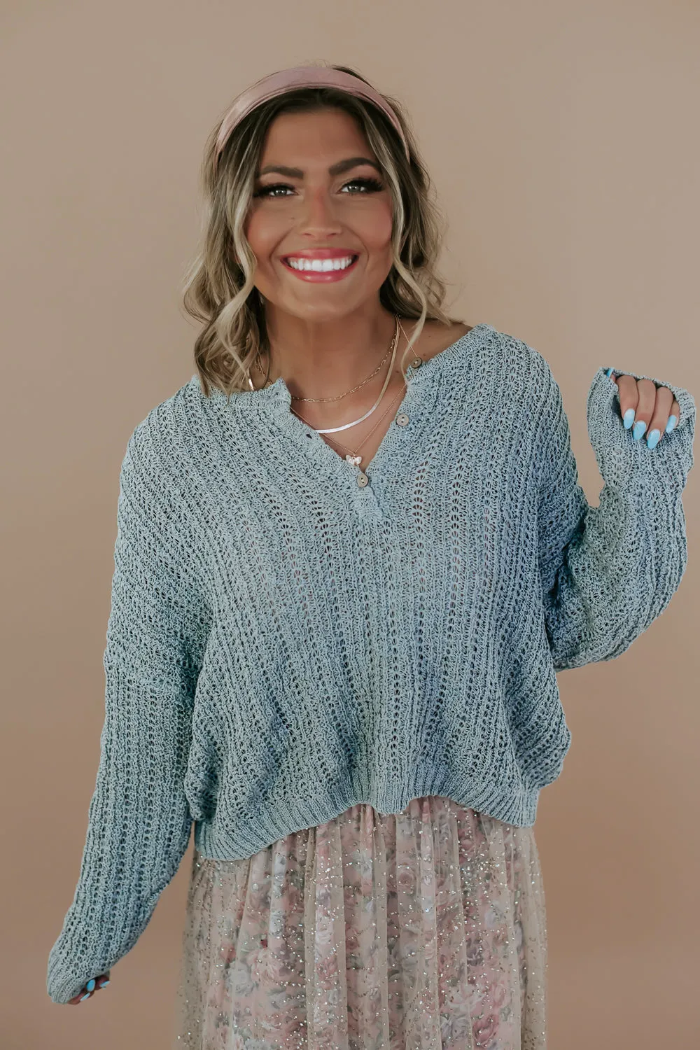 Button Relaxed Crochet Sweater, Mint