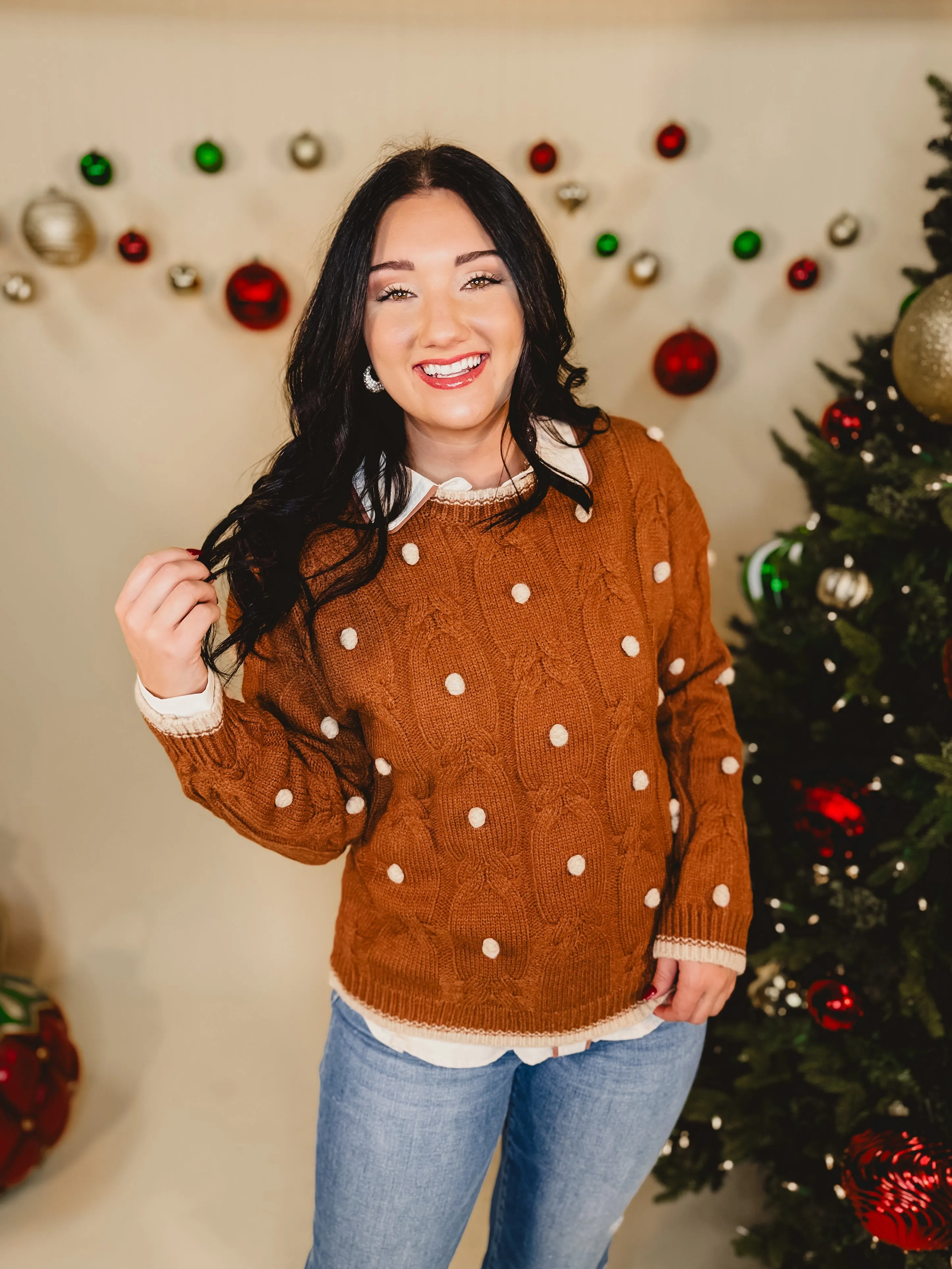 Cable Knit Pom Pom Sweater - Ginger