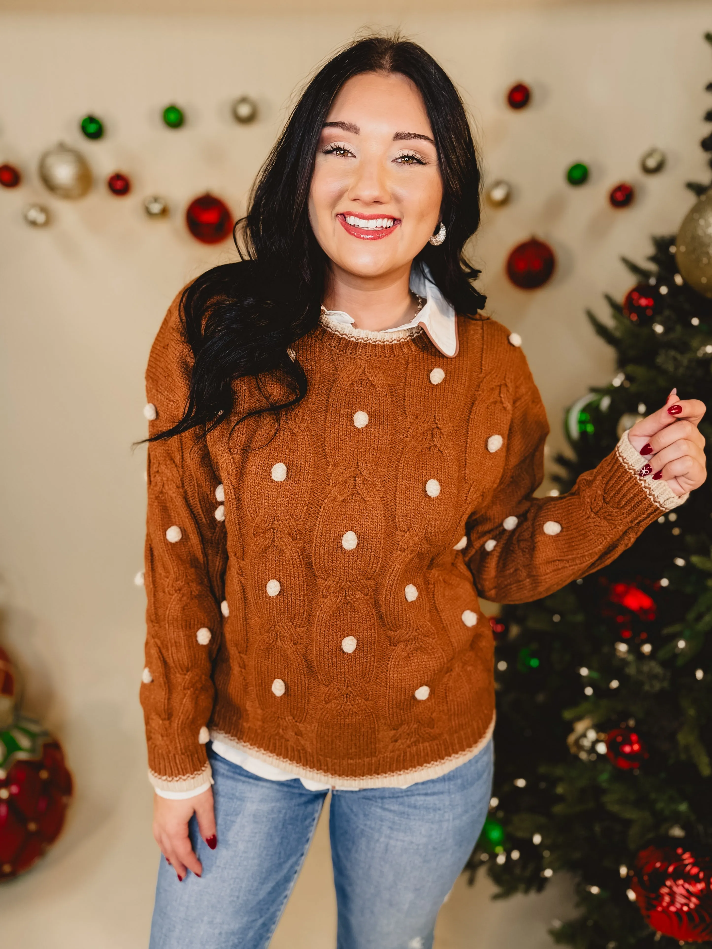 Cable Knit Pom Pom Sweater - Ginger