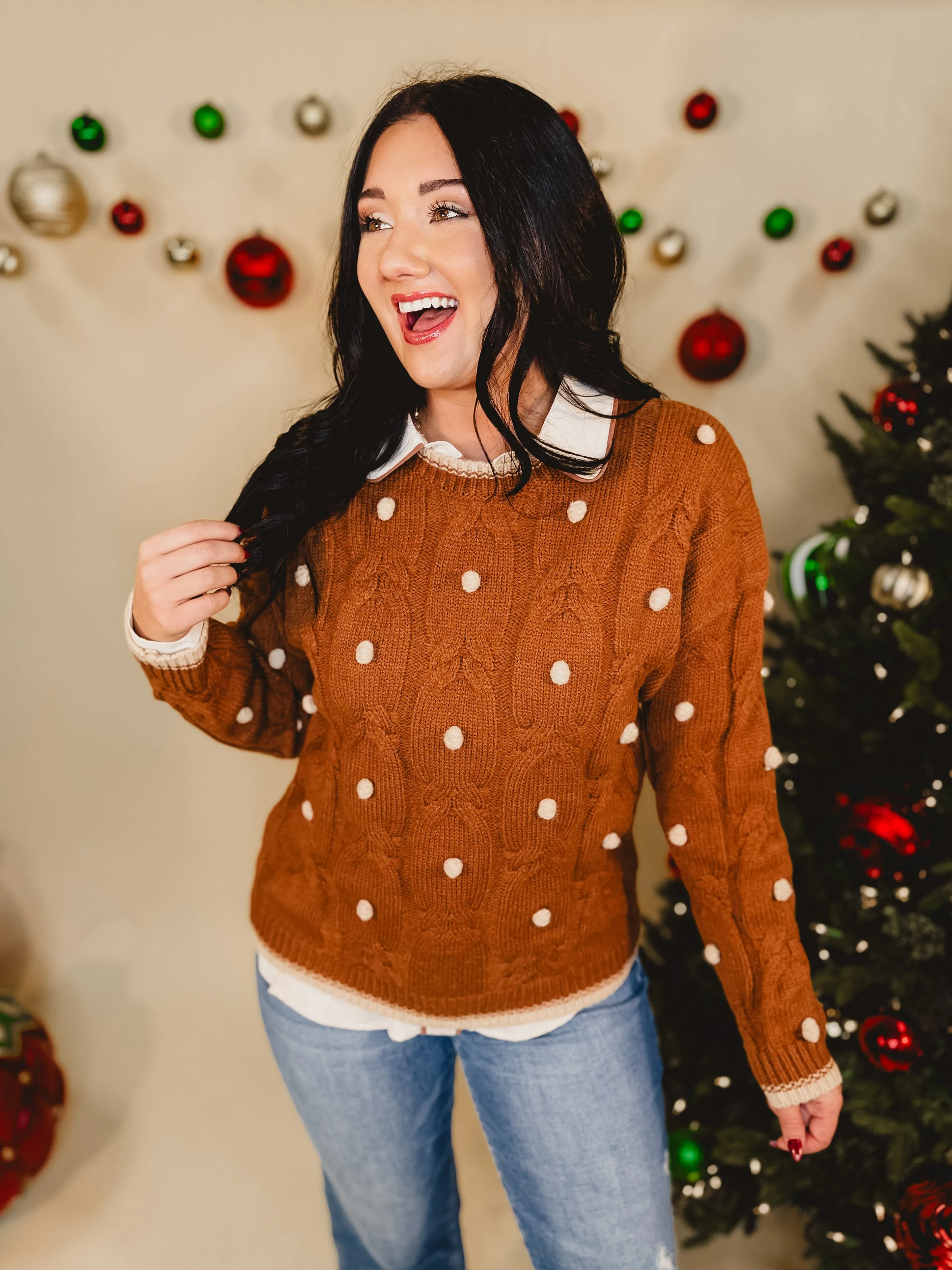 Cable Knit Pom Pom Sweater - Ginger