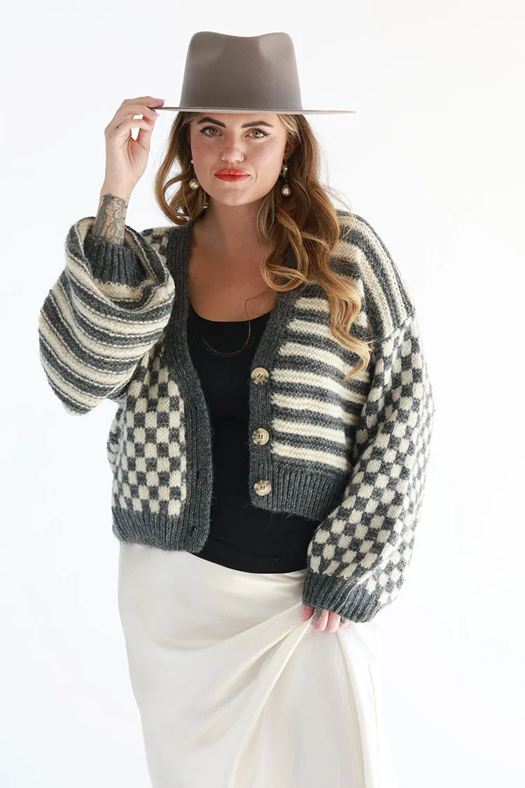 Checkered Gray Cardigan Sweater