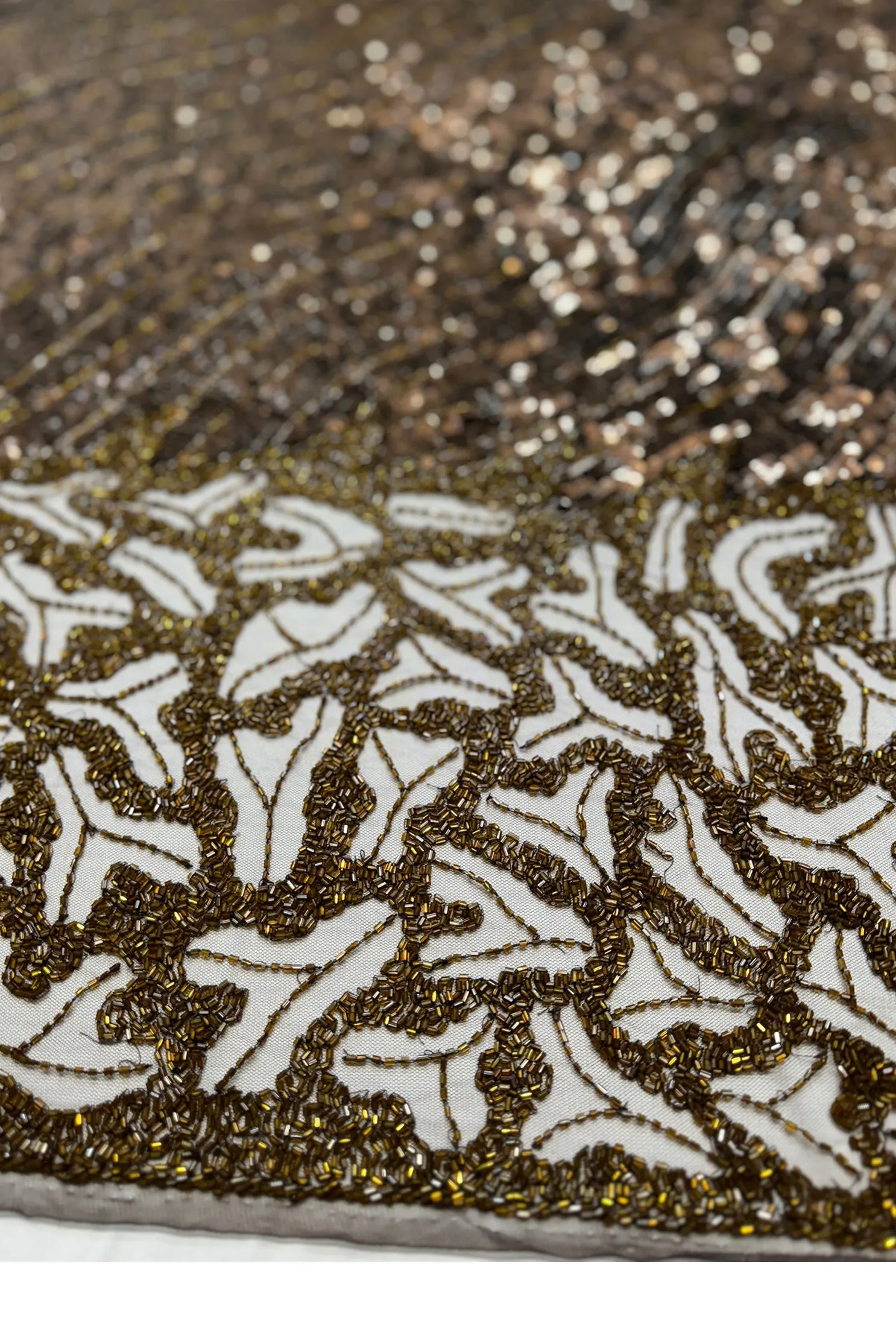 Chocolate Beading on Mocha Tulle Embroidery