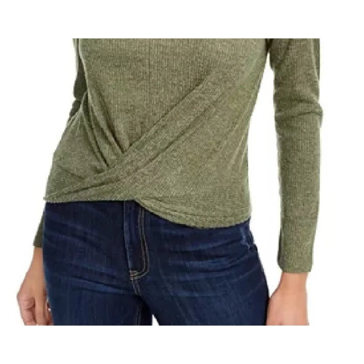 Crave Fame Junior's Cozy Twist Front Turtleneck Top Green Size Large