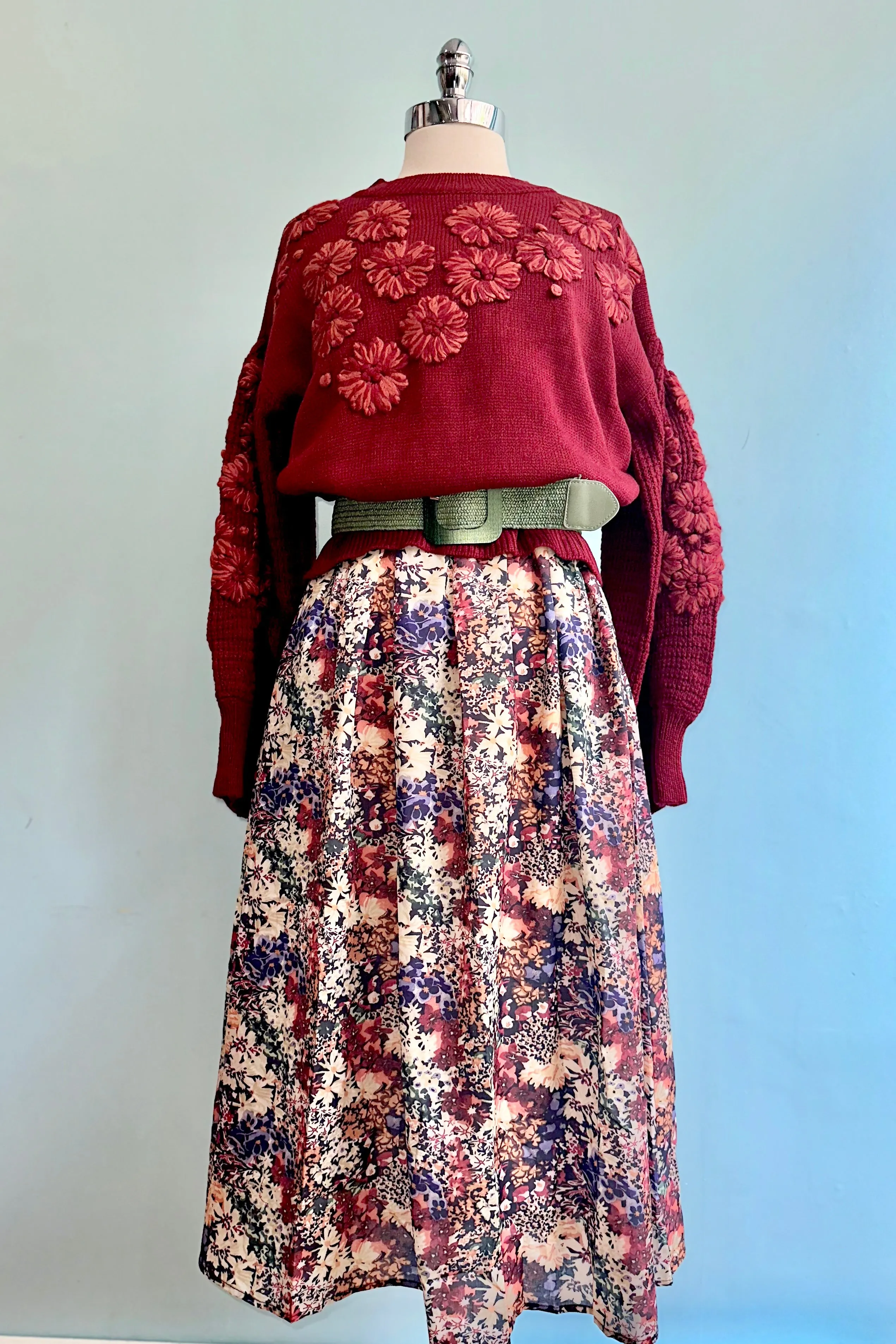 Crimson Embroidered Flower Detail Knit Sweater