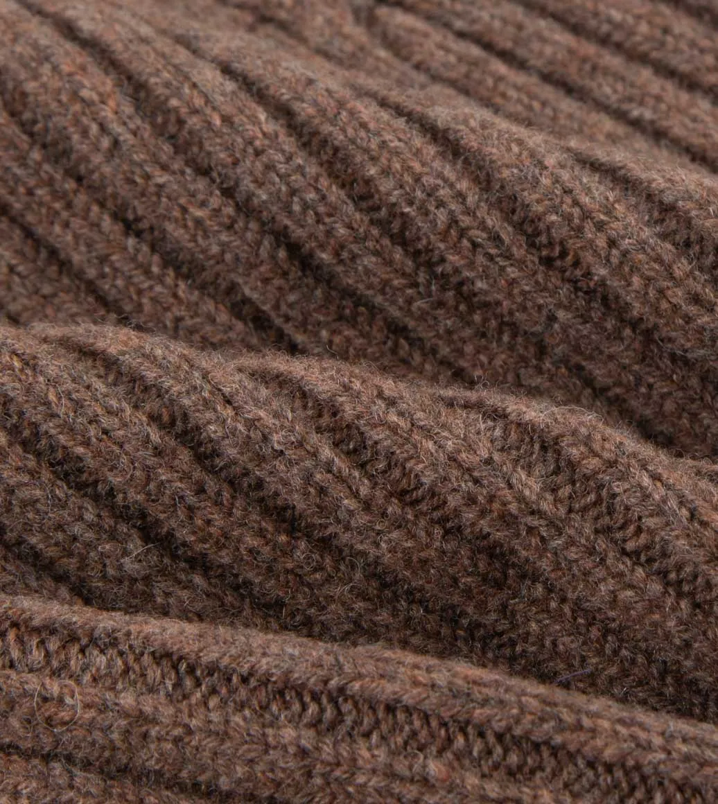 Drake's Lambswool Ribbed Knit Beanie / Brown