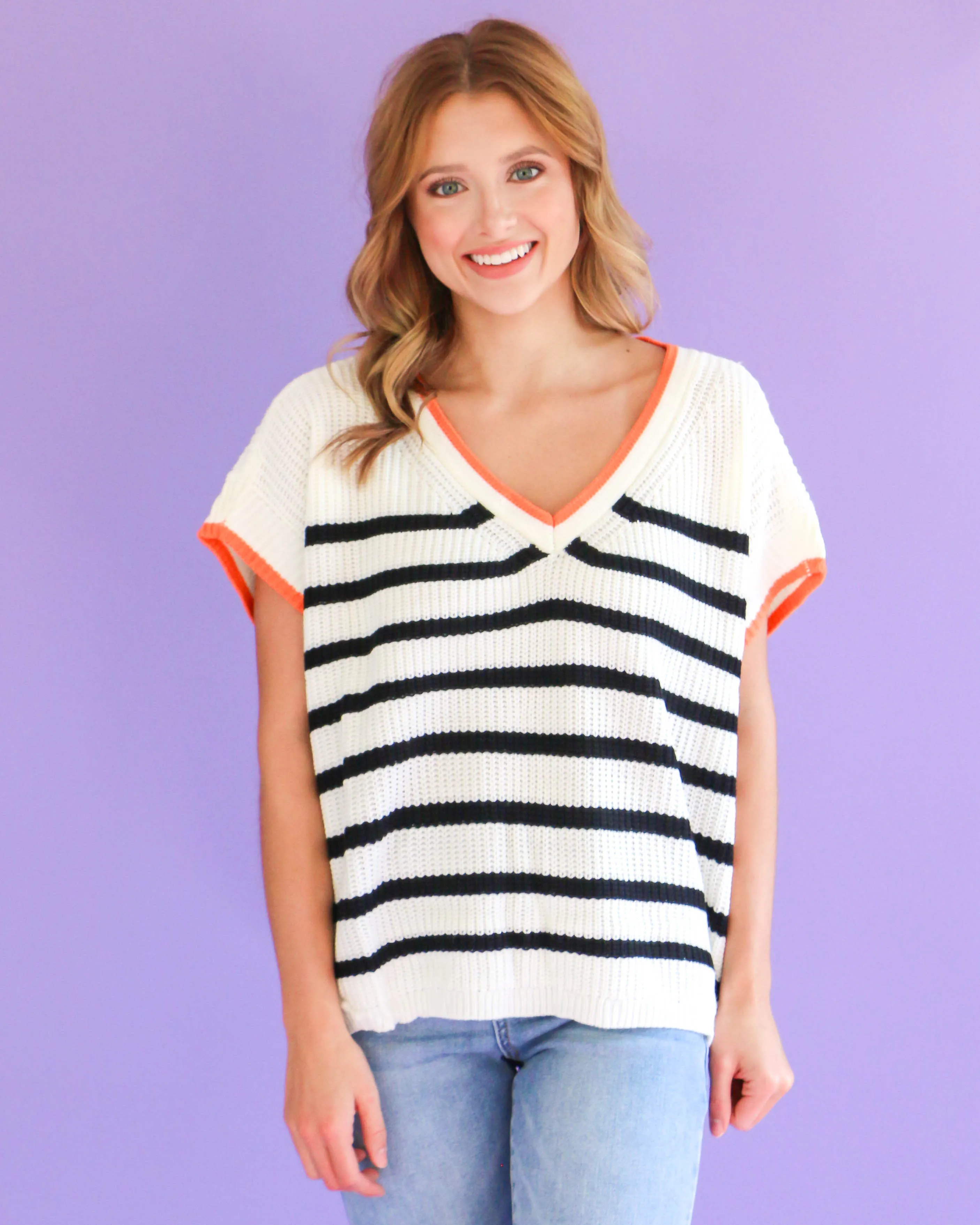 Drop Shoulder Striped Contrast Sweater Top in Cream