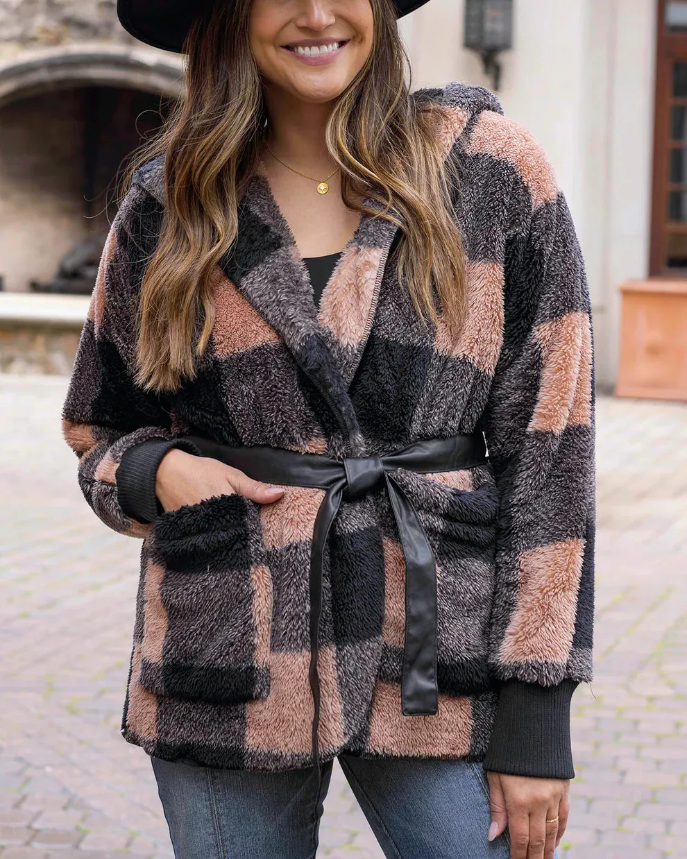 Grace & Lace Fuzzy Fleece Wrap Jacket - Tan/Black Buffalo Plaid