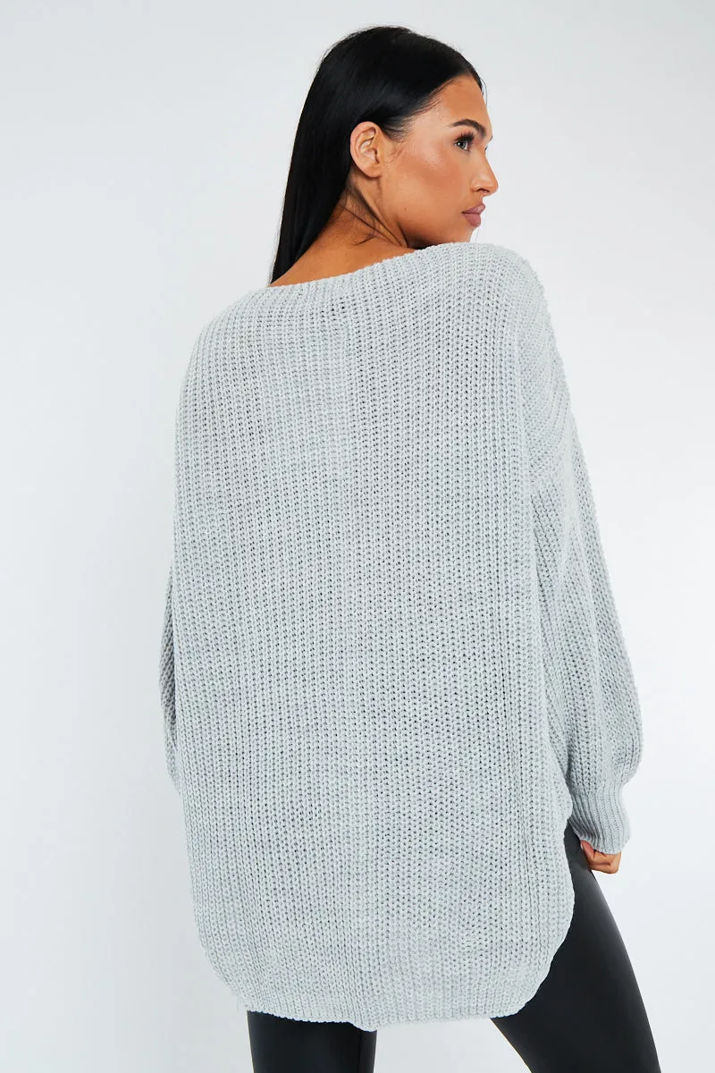 Grey Oversized Knit V Neck Sweater - Evelyn