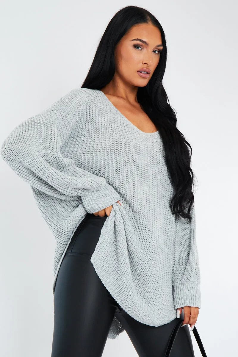 Grey Oversized Knit V Neck Sweater - Evelyn