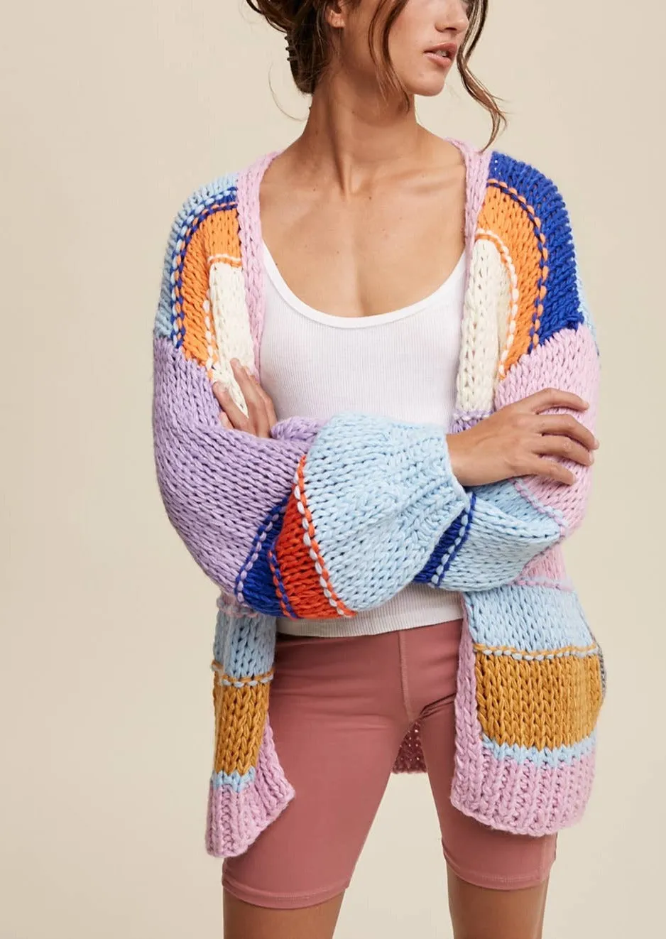 Hand Knit Multi Striped Cardigan Sweater