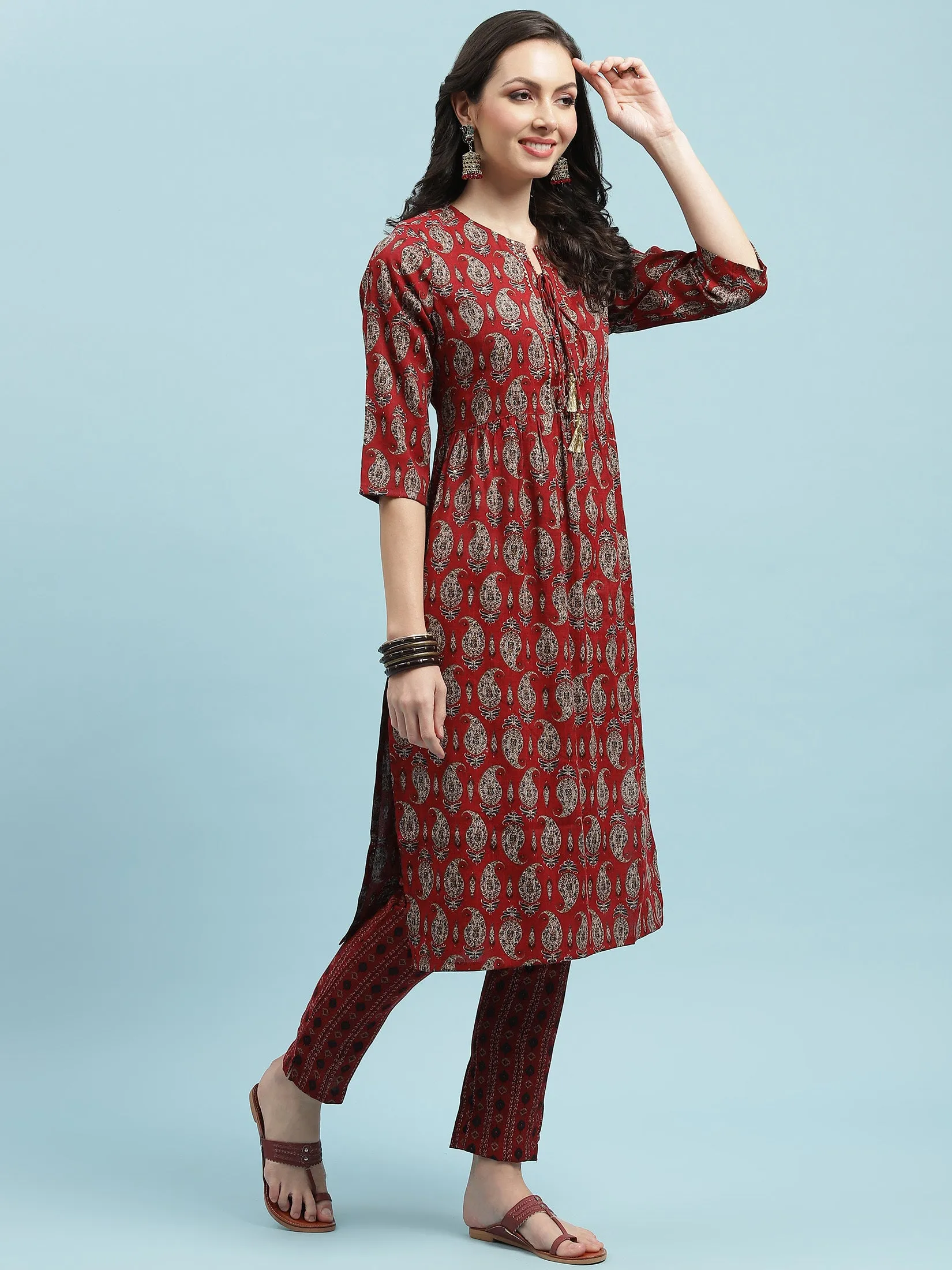 Indiessence Red Paisley Printed Kurta Trouser Dupatta