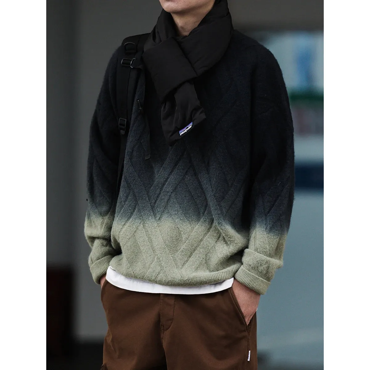 Japanese Streetwear Gradient Knitwear Sweater Crew Neck Pullover