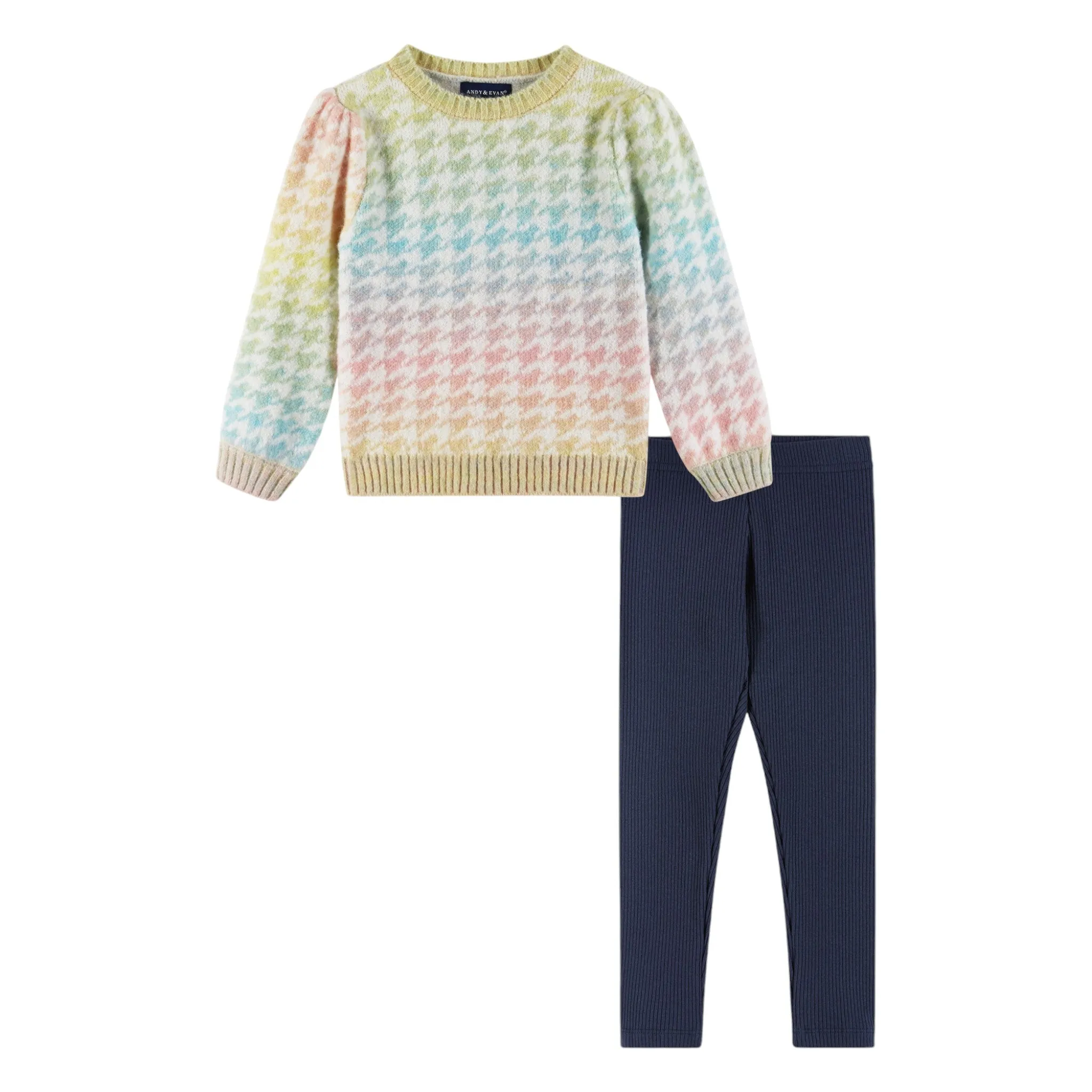 Kids Puff Sleeve Houndstooth Sweater & Legging Set | Ombre Rainbow