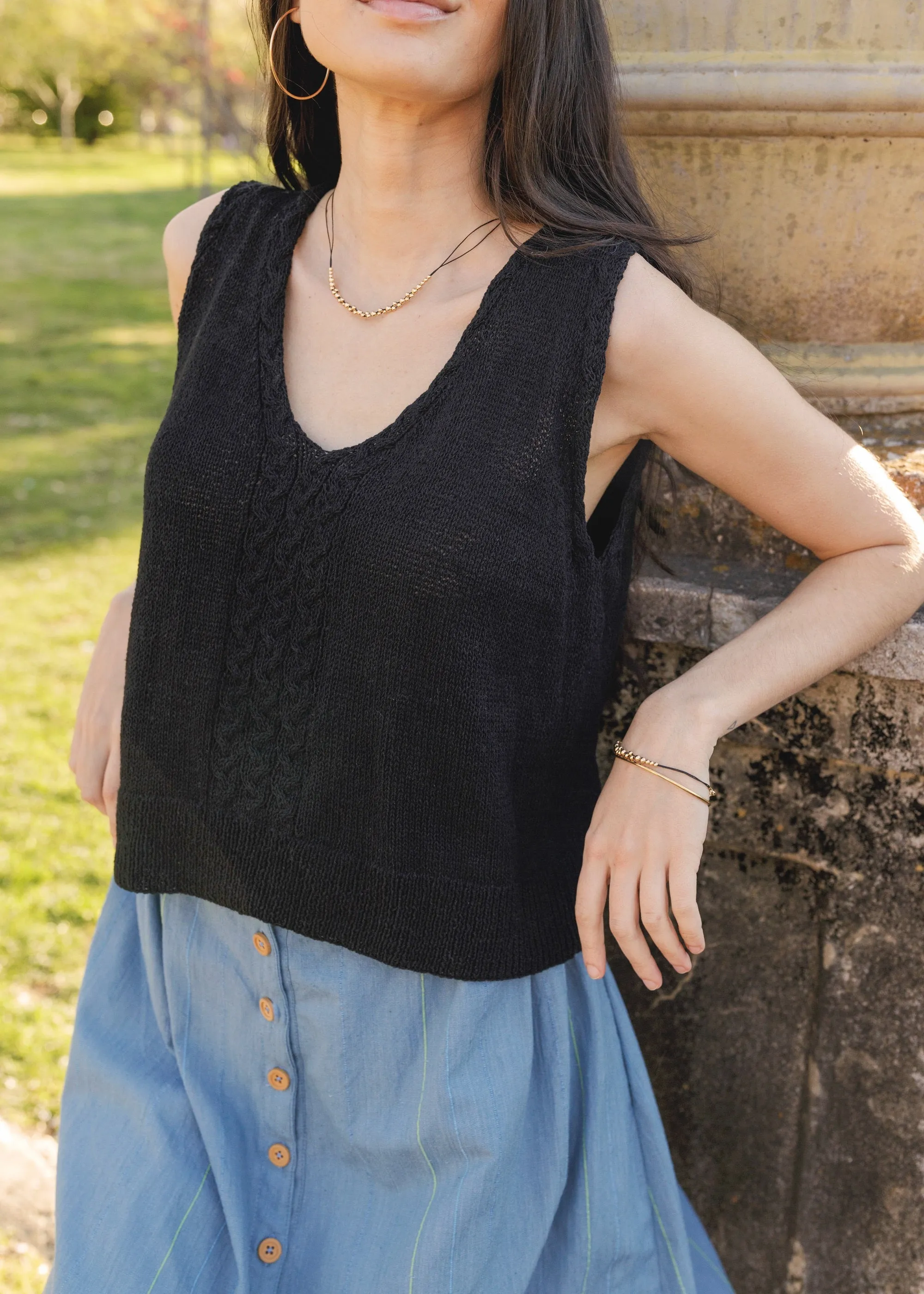 Laura Hand Knit Cotton Tank in Black - XL