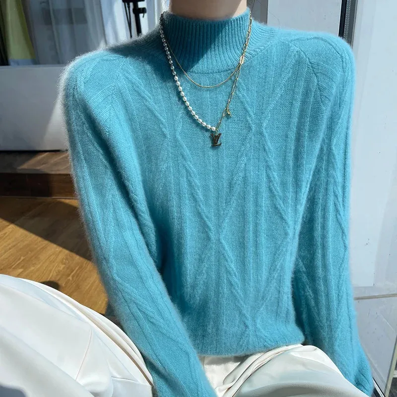 Long-Sleeved Women's Autumn Winter Merino Wool Solid Color Semi-High Collar Sweater