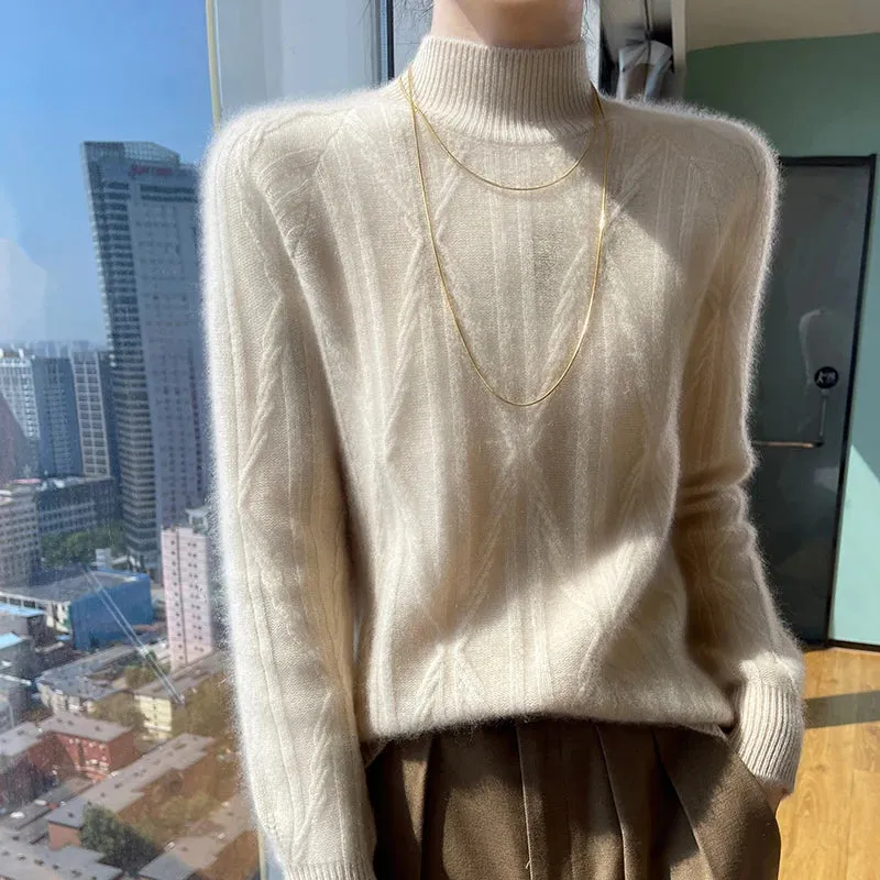 Long-Sleeved Women's Autumn Winter Merino Wool Solid Color Semi-High Collar Sweater