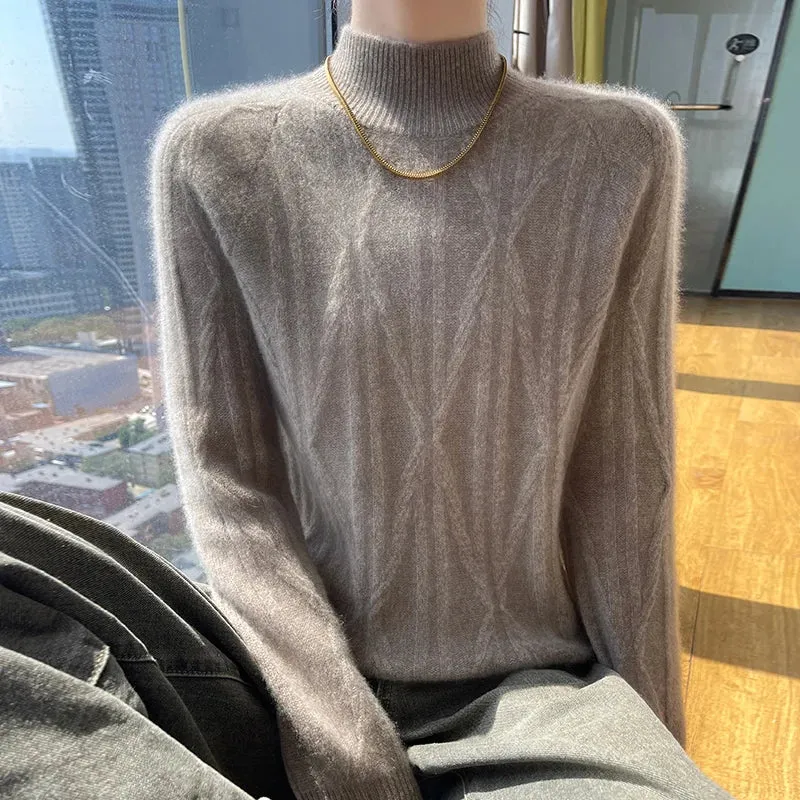 Long-Sleeved Women's Autumn Winter Merino Wool Solid Color Semi-High Collar Sweater