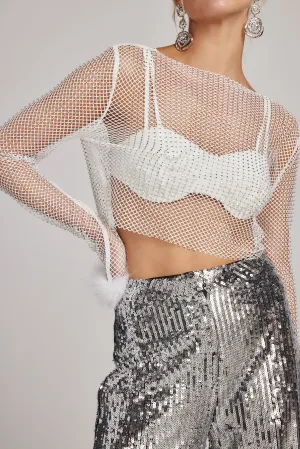 Martini White Rhinestone Mesh Top