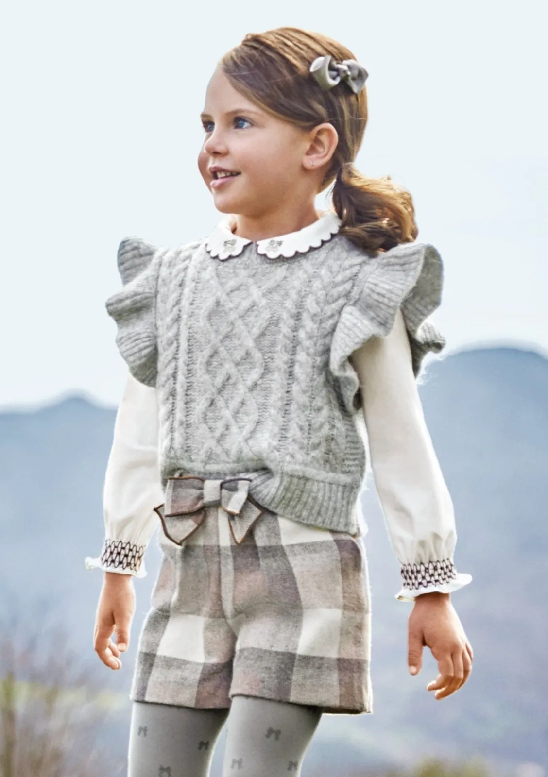 Mayoral Girls Beige & Grey Plaid Winter Shorts