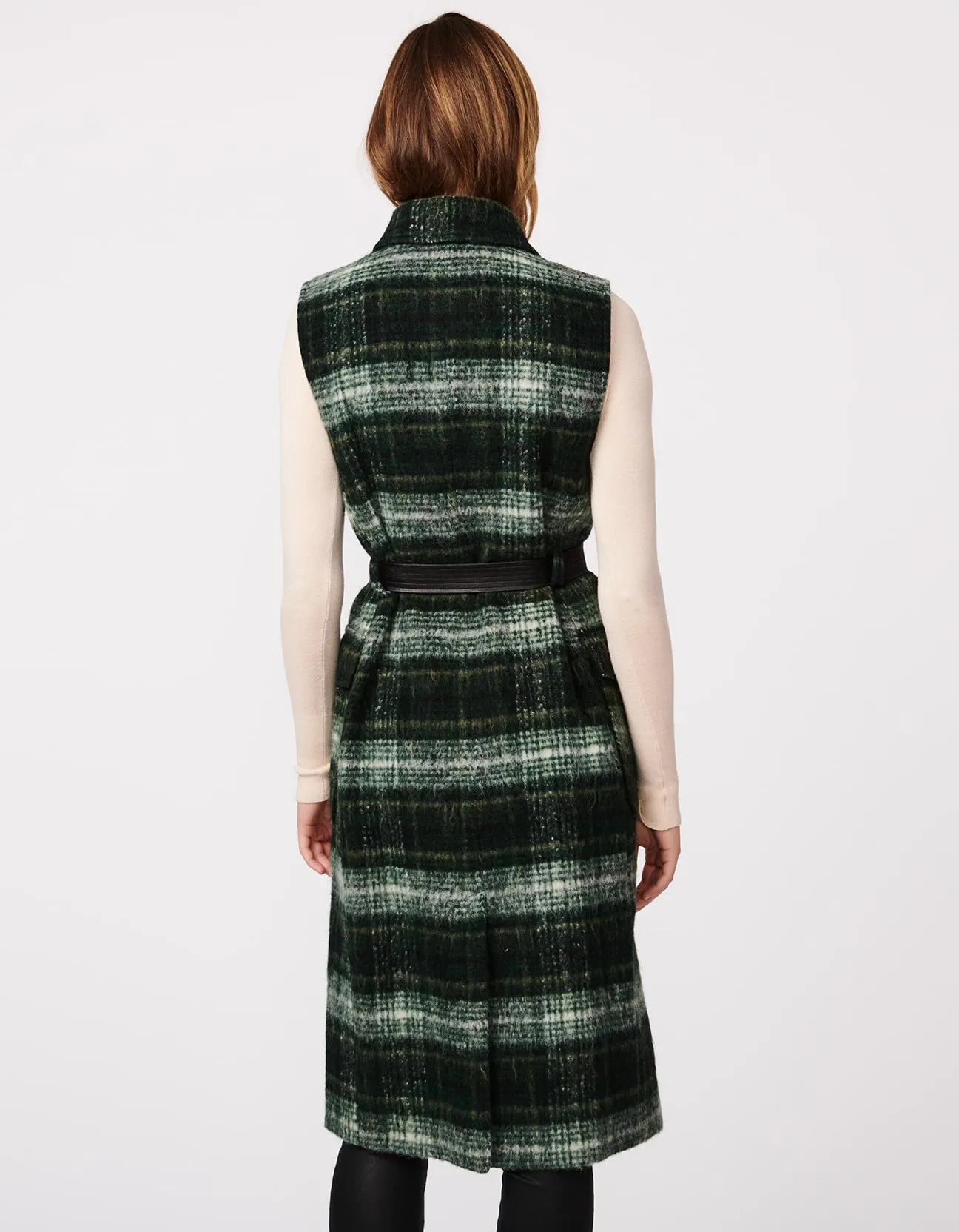 Plaid Belted Long Wool Vest