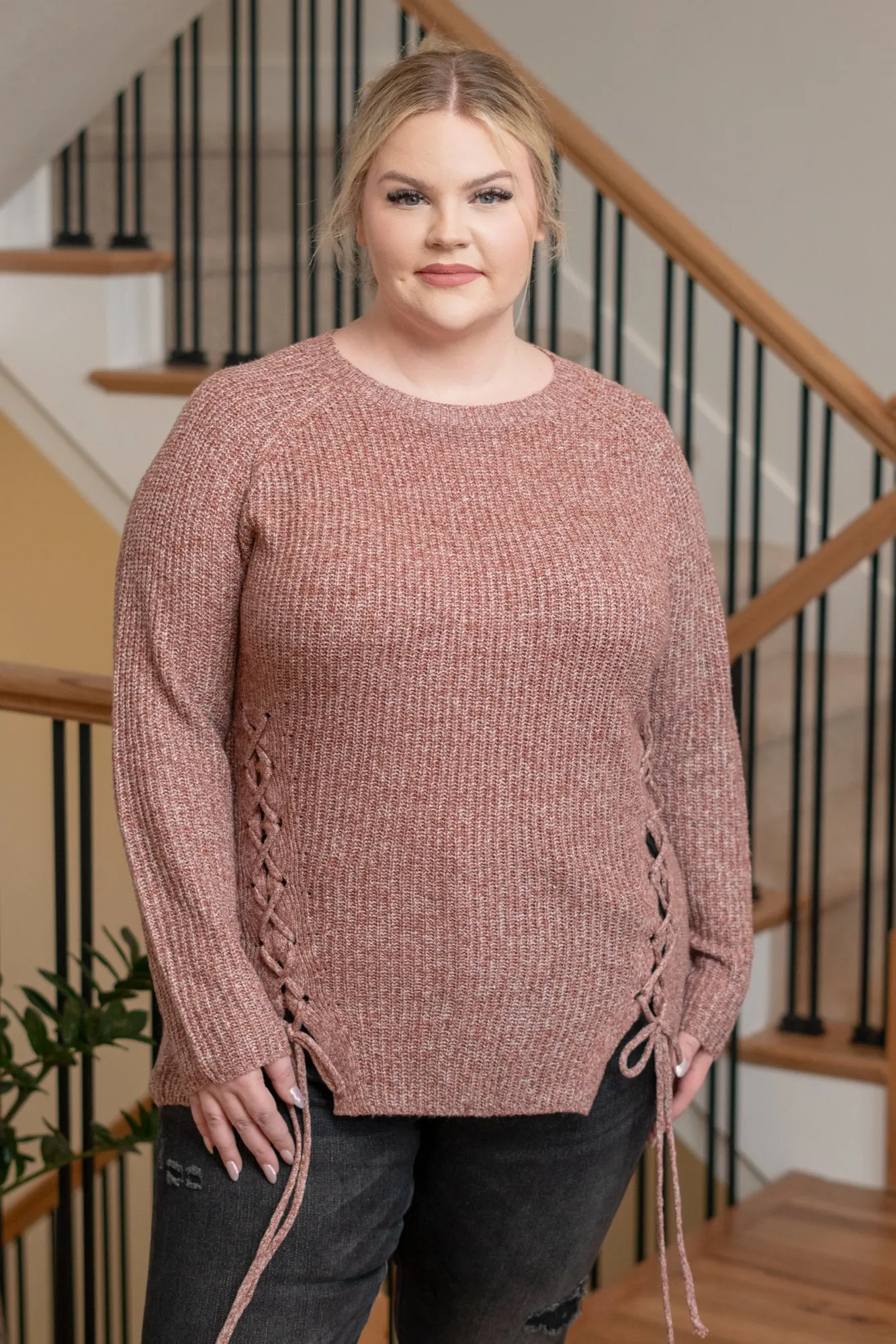 Plus Size Criss Cross Tie Knit Sweater - Brick