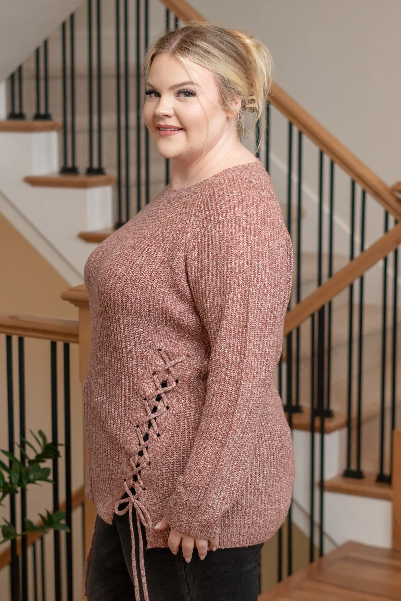 Plus Size Criss Cross Tie Knit Sweater - Brick