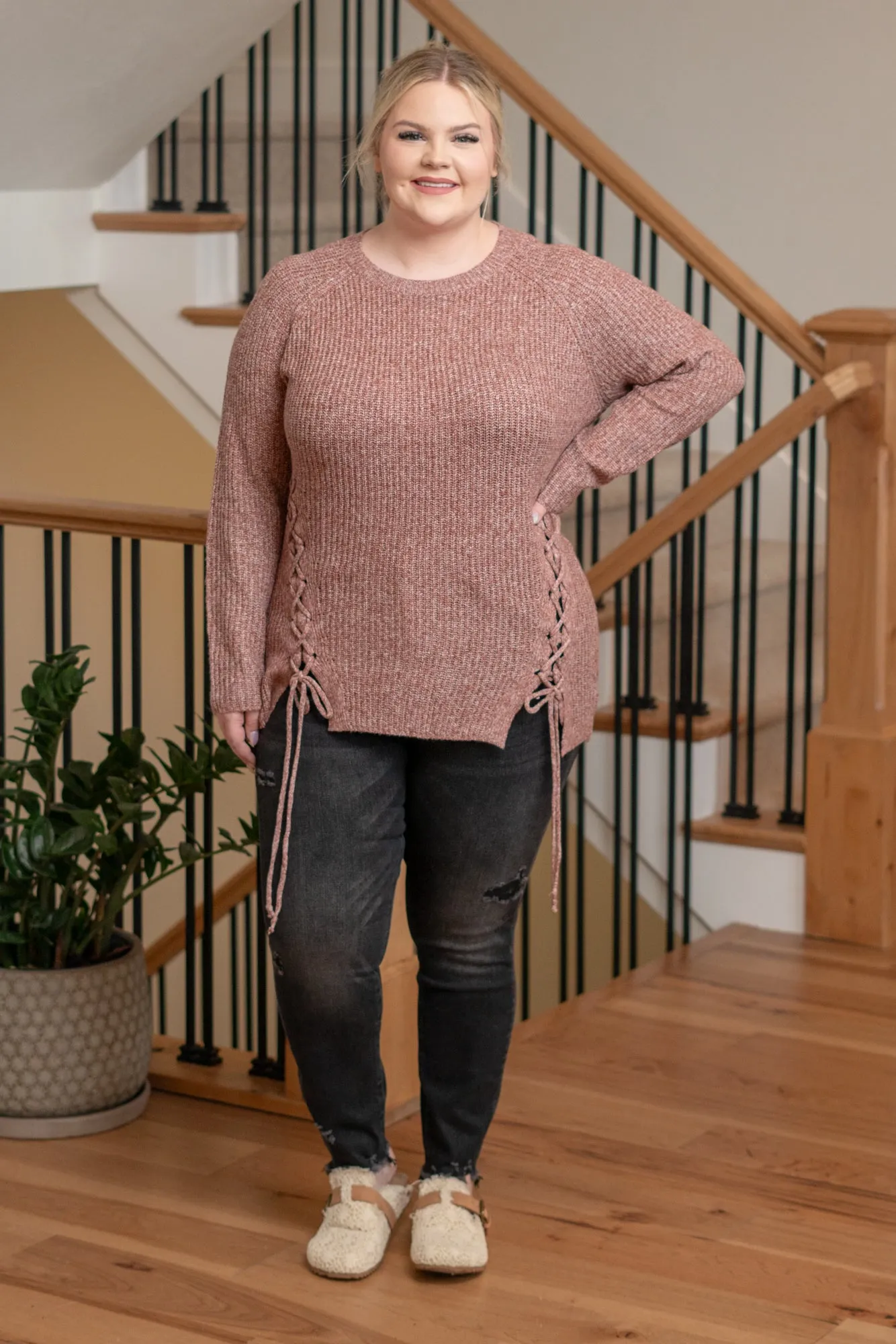 Plus Size Criss Cross Tie Knit Sweater - Brick