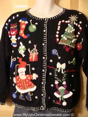 Two Sided Tacky Christmas Sweater Party Ugly Sweater with 3D Pom Poms & Santa (f810)