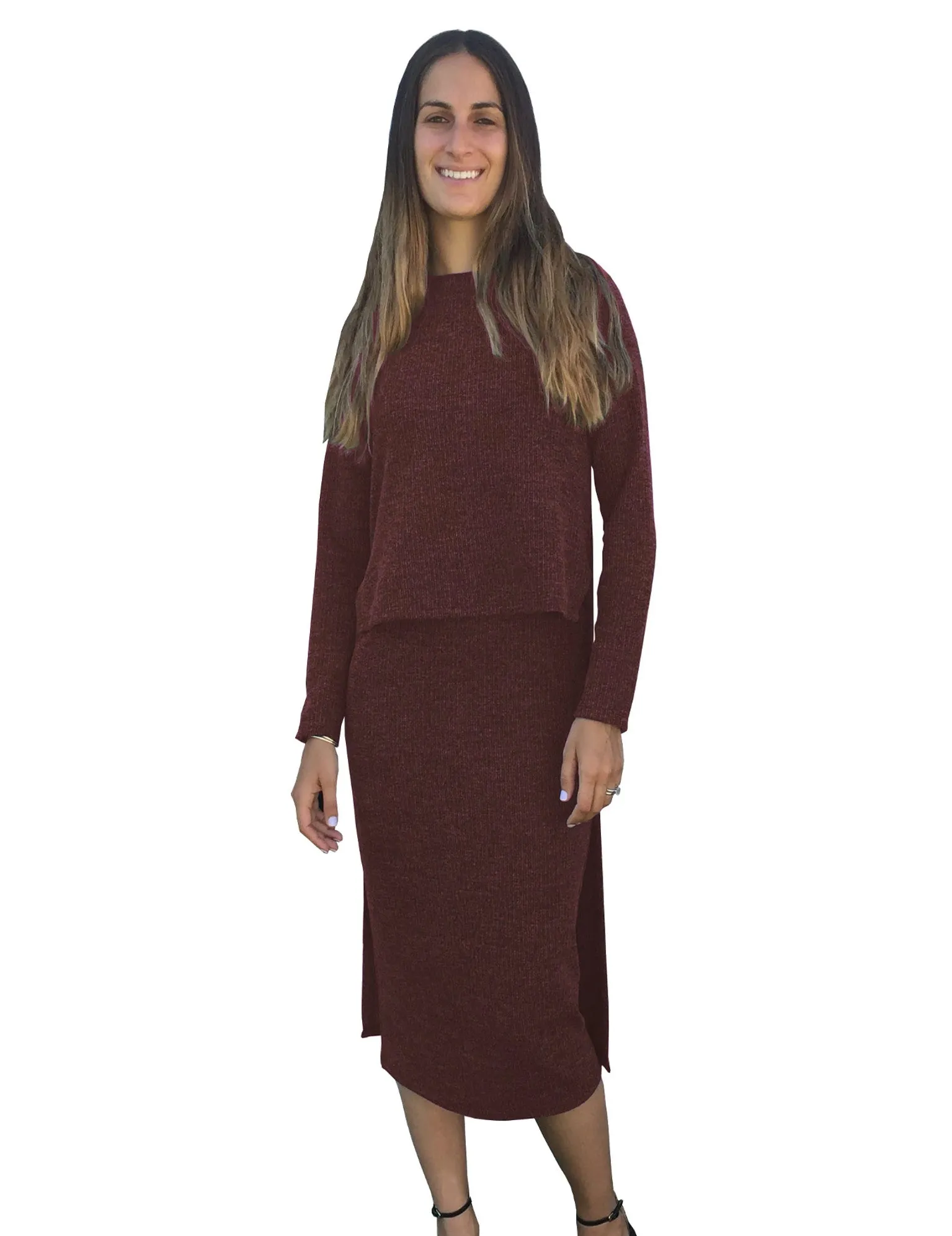 Women's Cropped Front Layered Sweater Knit Midi Tunic Dress